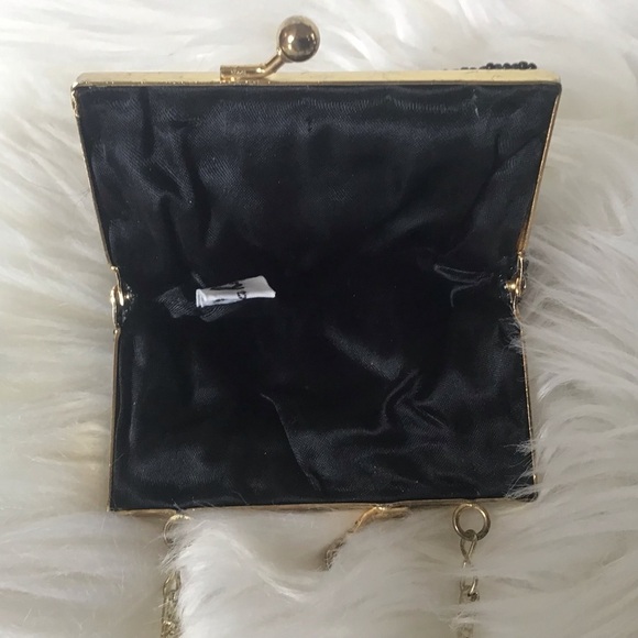 Black beaded Ladies Essentials mini purse with kiss closure and gold color chain - Picture 5 of 9